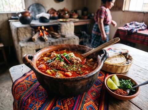 Traditional Guatemalan Kak ik turkey soup served hot in a clay pot on a colorful table in a rustic kitchen