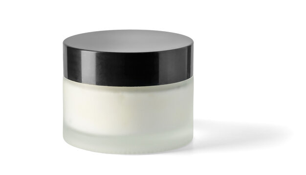Cosmetic cream jar with black lid on white background product packaging studio shot
