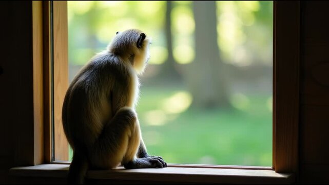 A monkey sitting on a window sill looking out, suitable for scenes of urban wildlife or domestic life