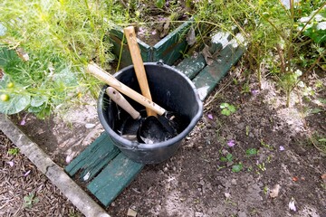Gardening tools in a black bucket surrounded by dense vegetable plants, showing an authentic home garden and seasonal gardening work. © Eric
