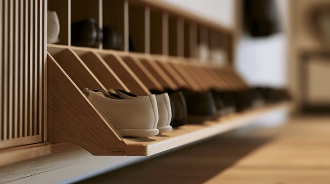 Modern wooden shoe storage rack in a minimalist interior design.