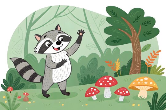 Friendly raccoon waving in a cheerful forest setting