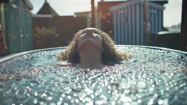 Morning therapy with a woman in an outdoor ice bath for recovery