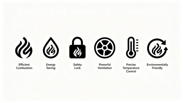 Flat icon for gas appliances, efficient combustion, ventilation, temperature control and environmental protection, promotional poster for gas water heater e-commerce and kitchen appliances.
