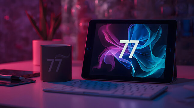 Digital Workspace with Tablet and Mug Displaying Number 77 in Vibrant Neon Light