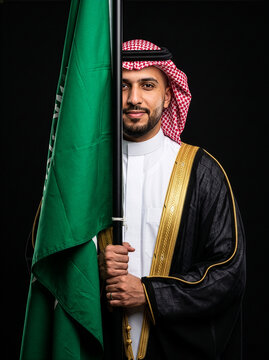 Proud Saudi Man in White Thobe, Shemagh and Gold Trim Bisht Holding National Flag
