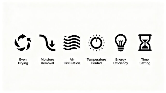 Simplified drying equipment function icon, representing temperature control, cyclic air drying, and timing, suitable for home appliance brochures and e-commerce selling point modules.
