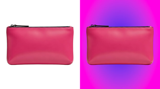 Rectangular pink leather pouch with a black zipper, isolated on a white background, organizing makeup or personal accessories