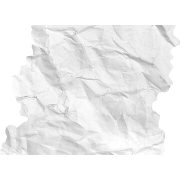 Crumpled white paper scrap with jagged torn edges showing heavy wrinkled texture