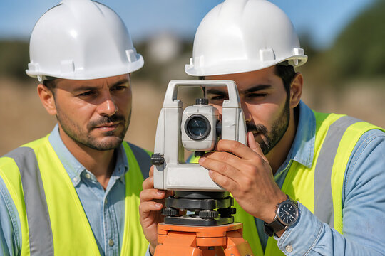 Two construction workers wearing hard hats and safety vests are inspecting something through a surveying instrument outdoors.