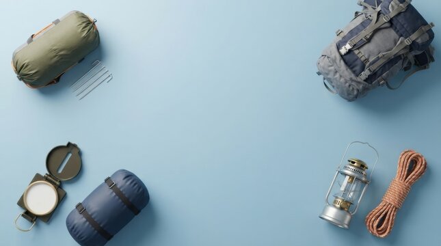 Camping and hiking equipment gear on a blue background