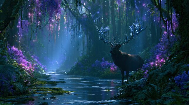 Volumetric god rays. luminescent fireflies. ultra-sharp textures on fern fronds. vibrant floral pops in amethyst. deep emerald shadows