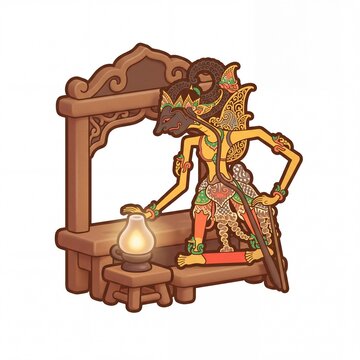 Traditional Indonesian Wayang Kulit shadow puppet illustration with glowing oil lamp.