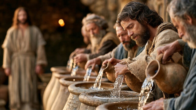 Biblical servants filling stone jars with water at wedding in Cana with Jesus in background (John 2:6-7)