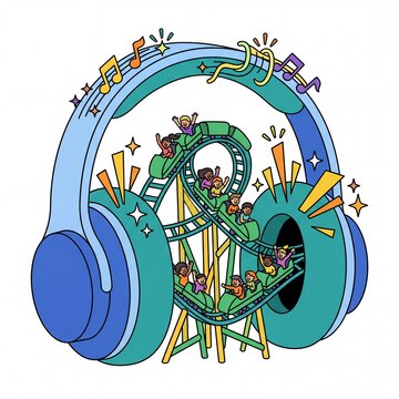 Creative illustration of a roller coaster ride inside large headphones representing musical excitement and fun.