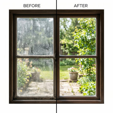 Glass window comparing dirty grimy glass with clear cleaned surface over garden view for residential cleaning service