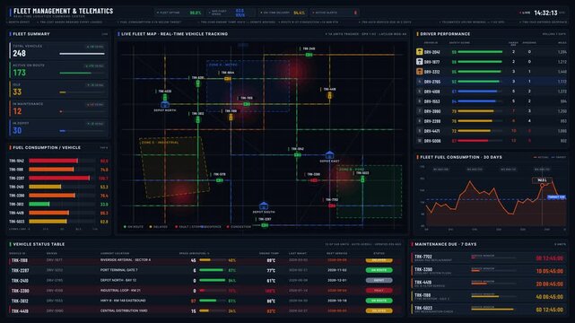 A dynamic fleet telematics dashboard showcasing real-time vehicle positions with colorful performance metrics, KPIs, and maintenance alerts in a modern logistics command center layout.