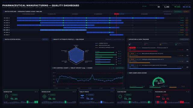 A comprehensive pharmaceutical manufacturing quality dashboard showcasing GMP compliance with detailed metrics, batch statuses, and deviation tracking in a sleek design.