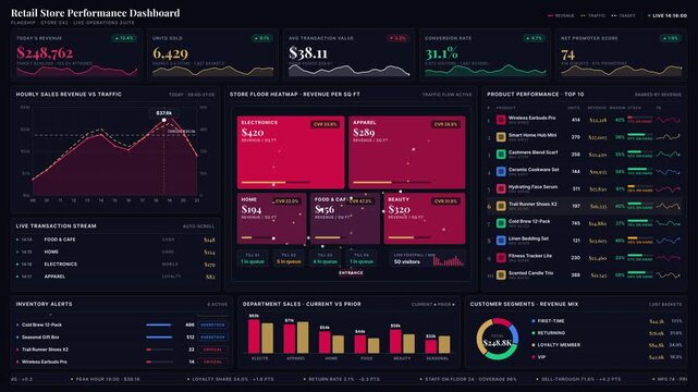 Explore a sophisticated retail store performance dashboard featuring premium analytics in rose gold, champagne, and emerald colors, displaying key KPIs and visual insights.