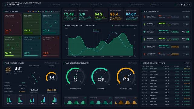 Explore a state-of-the-art smart agriculture irrigation dashboard featuring a dark-mode interface with vibrant accent colors and detailed crop zone analytics for efficient farming management.
