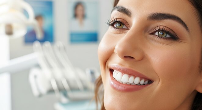 Close portrait of a smiling woman showing her healthy white teeth in a bright clean modern dental clinic