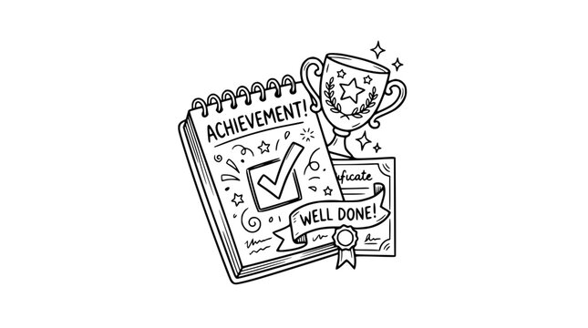 Achievement Doodle Vector with Trophy and Certificate