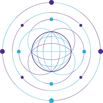 Abstract geometric globe line art vector. Sphere surrounded by concentric orbit circles and node dots for global network logo, tech emblem, science atom icon, and futuristic badge design.