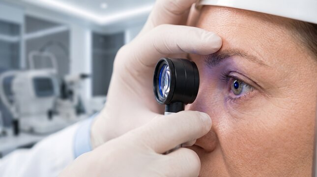 Ophthalmologist performing a detailed eye examination using a handheld ophthalmoscope in a clinic.