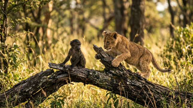 Lion cub and baboon sitting on a fallen tree trunk in the wild.