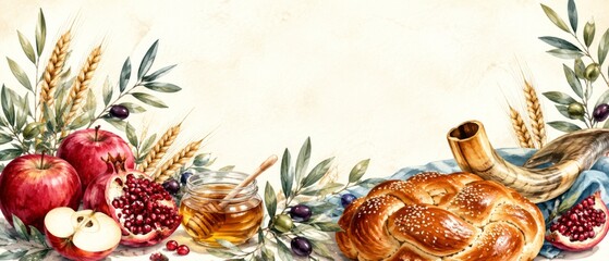 Rosh Hashanah symbols including apples, honey, pomegranates, and shofar, on decorated background © dvoevnore