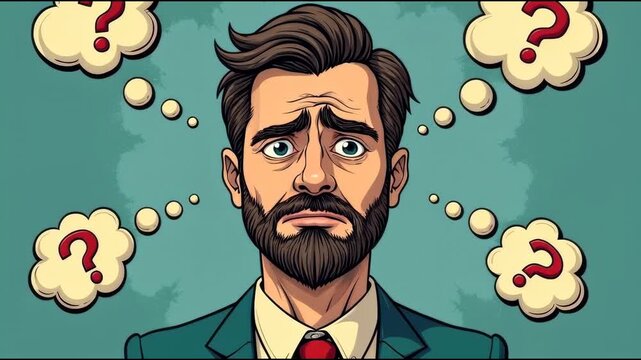 A businessman or professional person is depicted with question marks above his head, conveying confusion or uncertainty