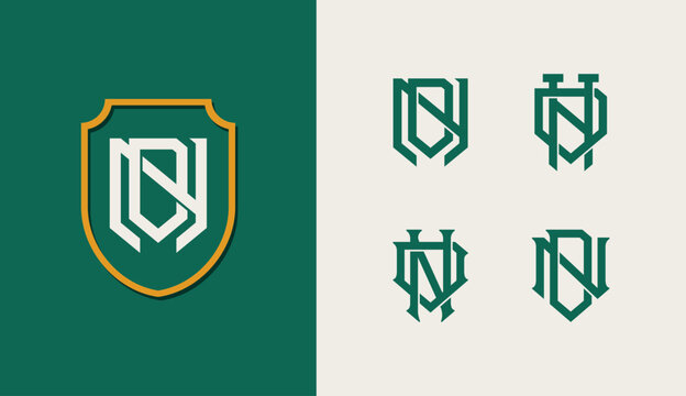 Collection of modern ND monogram logos with shield icons for sports and corporate branding
