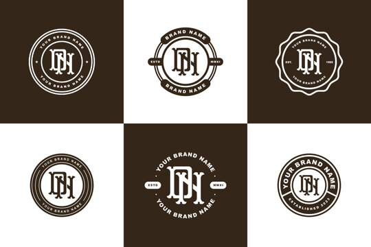 Set of vintage DN monogram logo designs with circular badge frames on brown background.