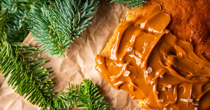 Baked cake base with fir branches on parchment paper.
