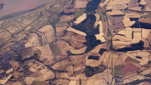 Top Down High Aerial View of Browned Fields near Exmouth and Exeter with Mouth of River Exe and M5 Motorway.