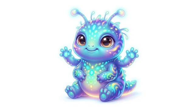 Cute little blue alien monster sitting and waving