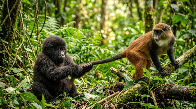 Two monkeys interacting in a lush green forest environment.