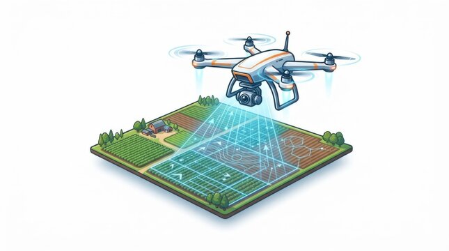 Modern drone flying over agricultural land for field survey mapping