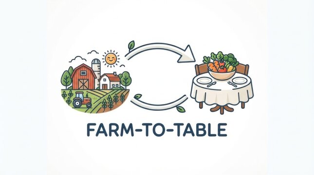 Farm to table concept illustration showing food production to dining