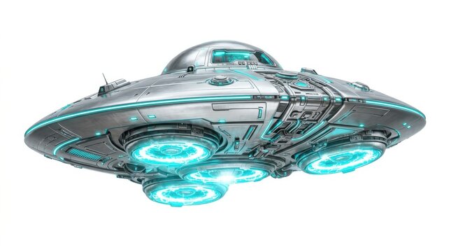 Silver ufo spaceship flying with glowing blue lights