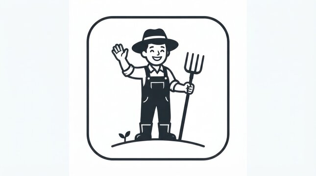 Friendly farmer waving hello with a pitchfork in a simple line icon