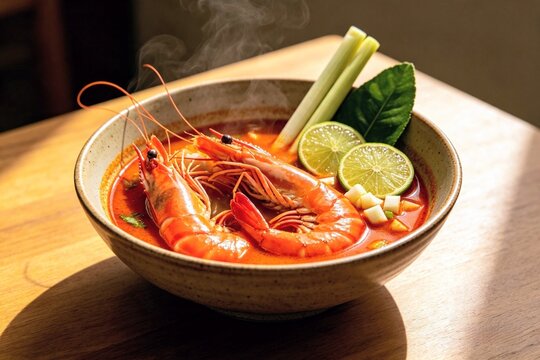 Tom Yum Goong Spicy Shrimp Soup) in a Fine Dining Sensory & Aromatic Style 