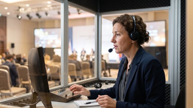 Professional interpreter wearing microphone headset speaking inside translation booth during international summit, representing simultaneous service