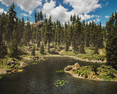 Mountain lake with fir trees on shore under blue sky with clouds. 3D rendered still image.