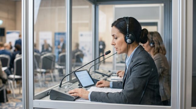 Side profile of female interpreter speaking into microphone in soundproof glass booth, conveying simultaneous international translation service