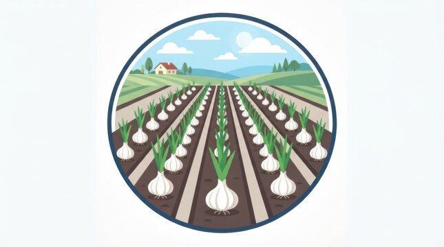 Fresh garlic plants growing in rows on a farm field circular icon