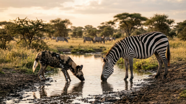 Zebra and Wild Dog Drinking Water Together in African Savanna.