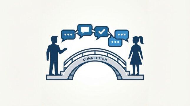Man and woman standing on a bridge with speech bubbles for connection