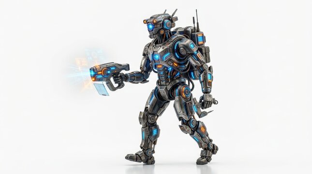 Futuristic robot soldier holding a laser gun