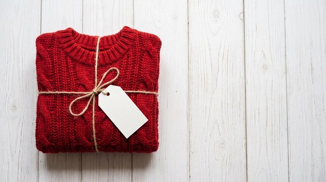 Top down flat lay folded cozy red winter sweater blank white cardboard gift tag on white wooden floor holiday fashion mockup